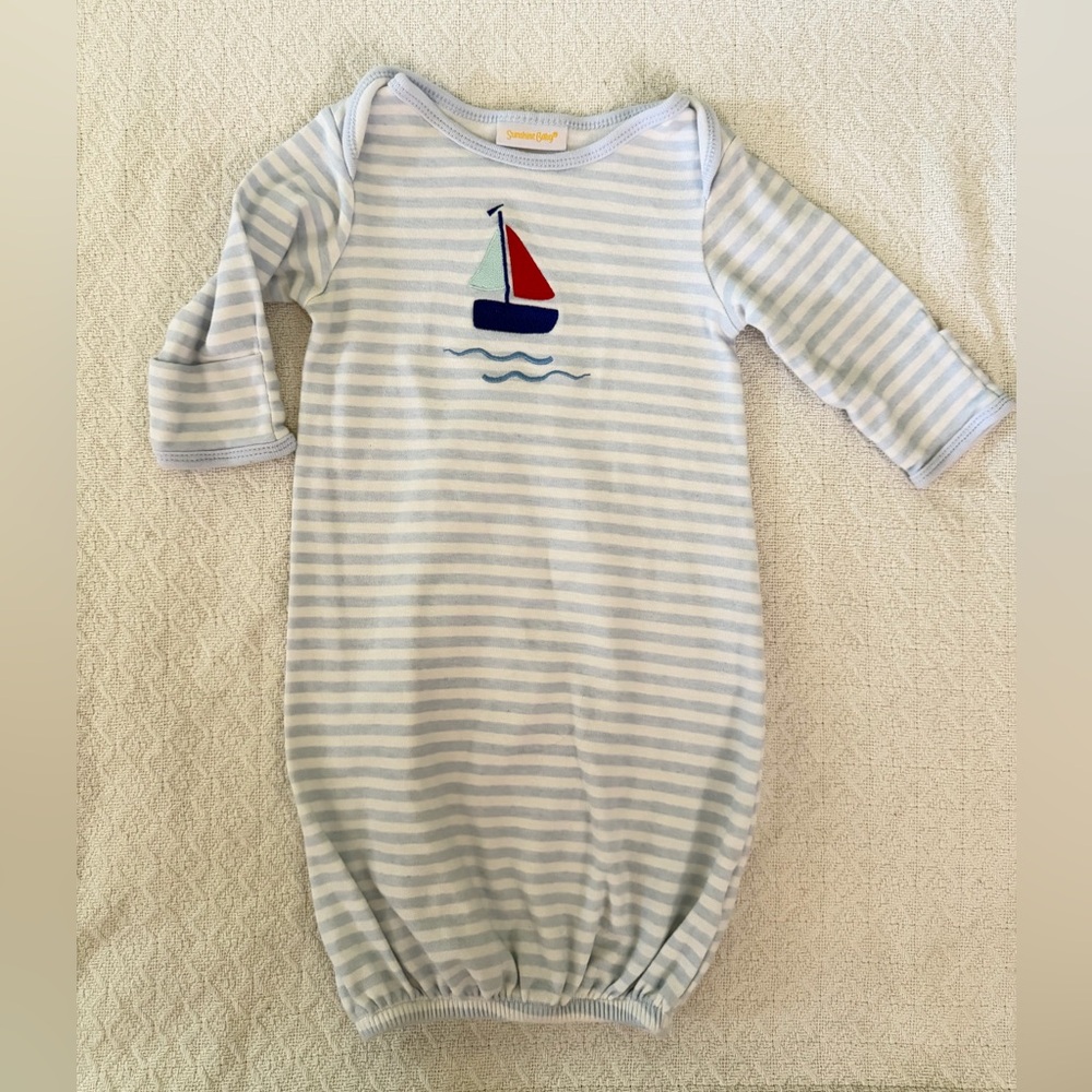 Sunshine Baby Blue and White Striped Sleep Gown Sailboat Appliqués with Mittens